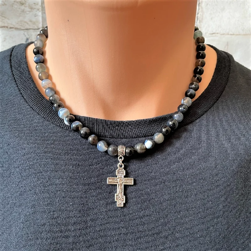 pearl choker necklace for brides -Mens Black Line Agate Beaded Necklace with Silver Cross of Jesus