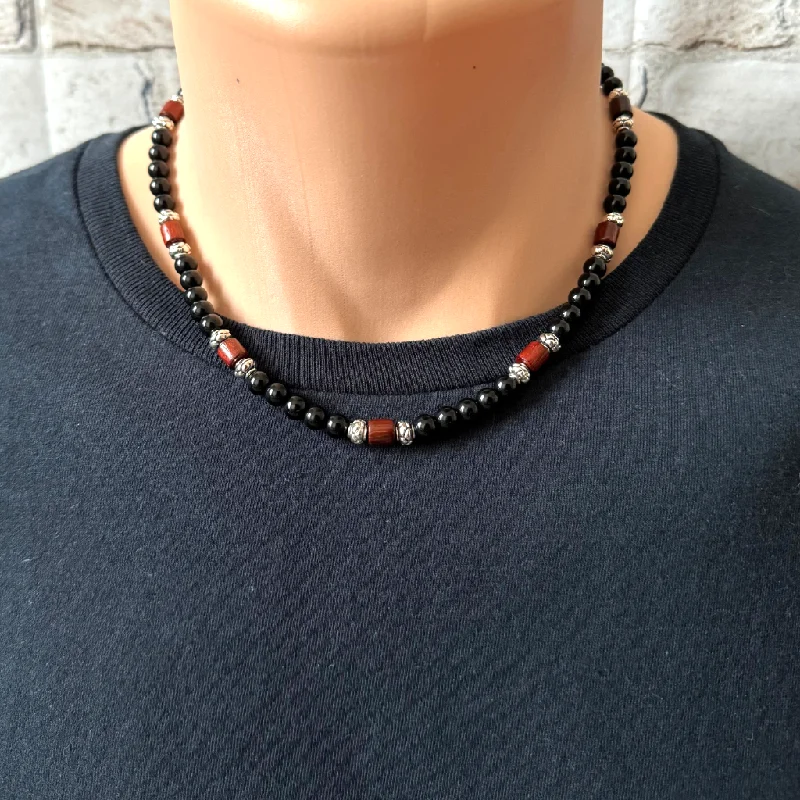 layered necklace set for women -Mens Black Onyx 6mm and Rosewood Beaded Necklace