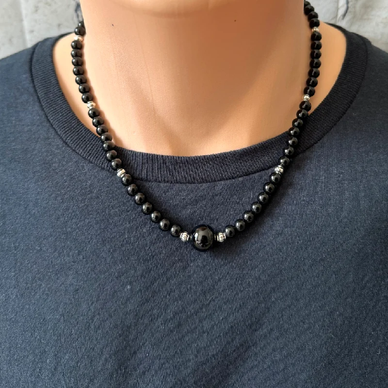 minimalist necklace for everyday wear -Mens Black Onyx 6mm and Silver Beaded Necklace