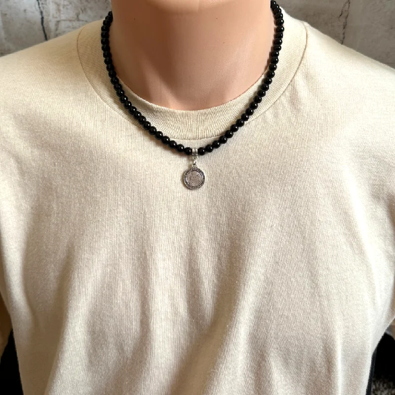 bold statement necklace for women -Mens Black Onyx 6mm St. Anthony Pendant Beaded Necklace