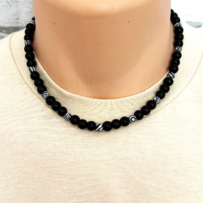 birthstone necklace for moms -Mens Black Onyx and Black and White Agate Beaded Necklace