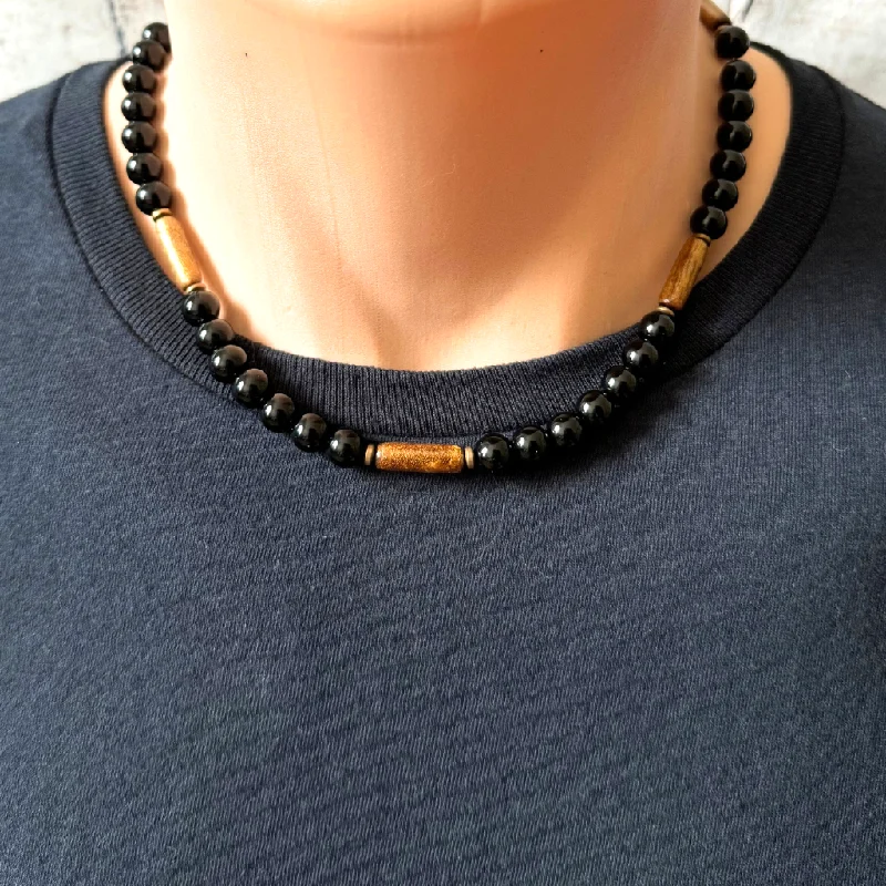 custom handwriting necklace for gifts -Mens Black Onyx and Gold Coral Beaded Necklace