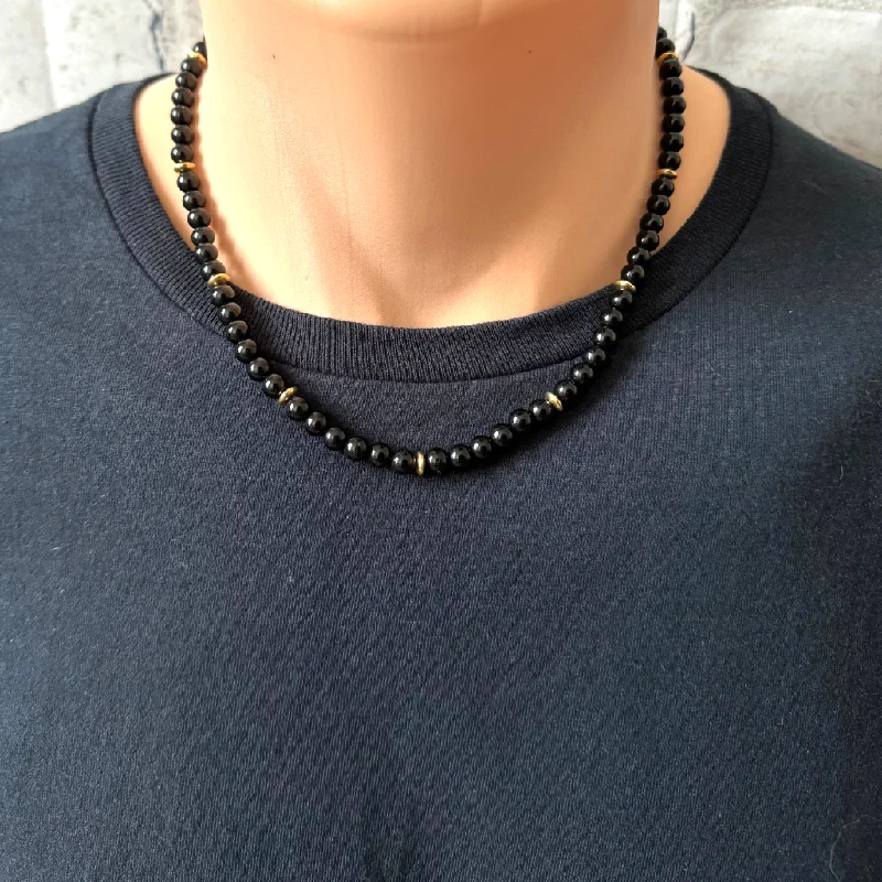 initial necklace for women -Mens Black Onyx and Gold Hematite Rondelle Beaded Necklace