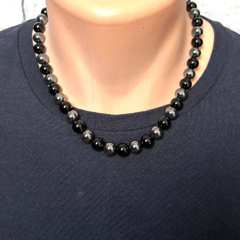 crystal healing necklace for women -Mens Black Onyx and Hematite 10mm Beaded Necklace