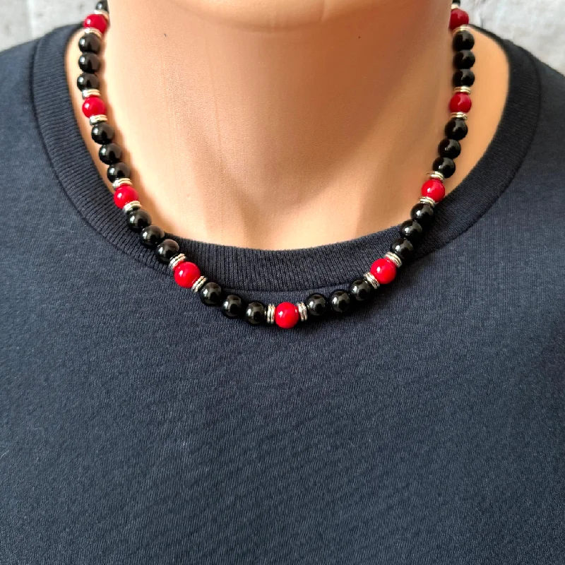 bar pendant necklace for women -Mens Black Onyx and Red Agate Beaded Necklace