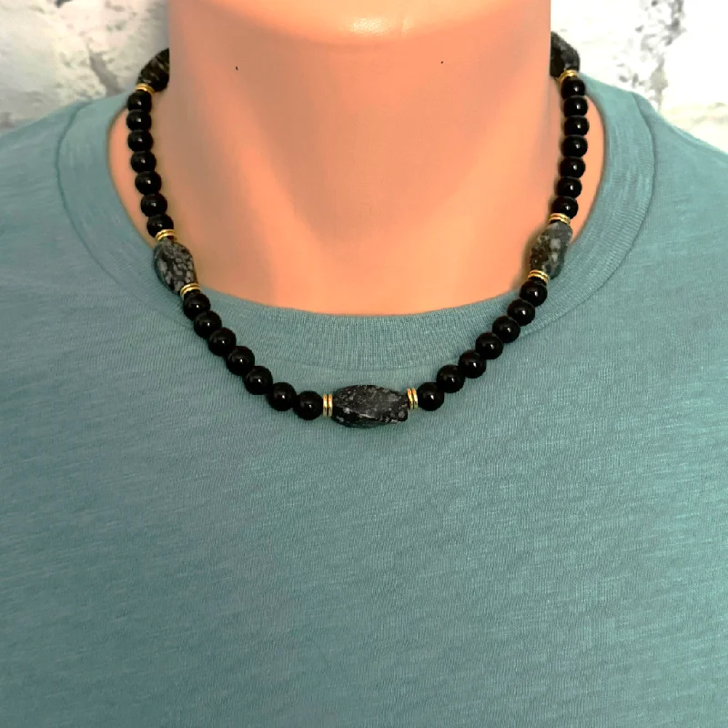 black onyx necklace for men -Mens Black Onyx and Serpentine Oval Beaded Necklace