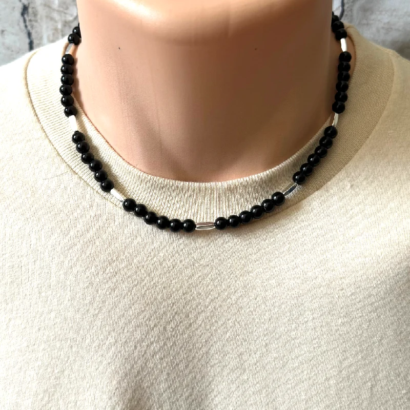 evil eye necklace for protection -Mens Black Onyx and Silver Tube Beaded Necklace