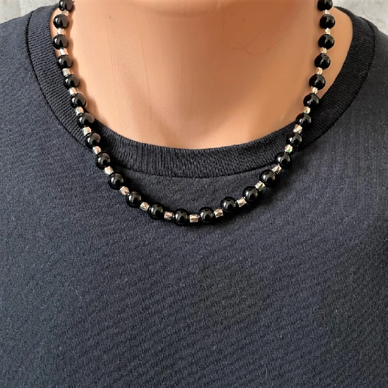 infinity necklace for couples -Mens Black Onyx and Silver Hexagon Beaded Necklace