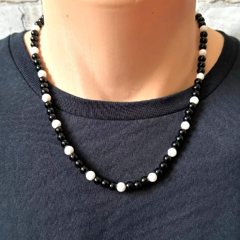 statement necklace for special occasions -Mens Black Onyx and White Shell Beaded Necklace