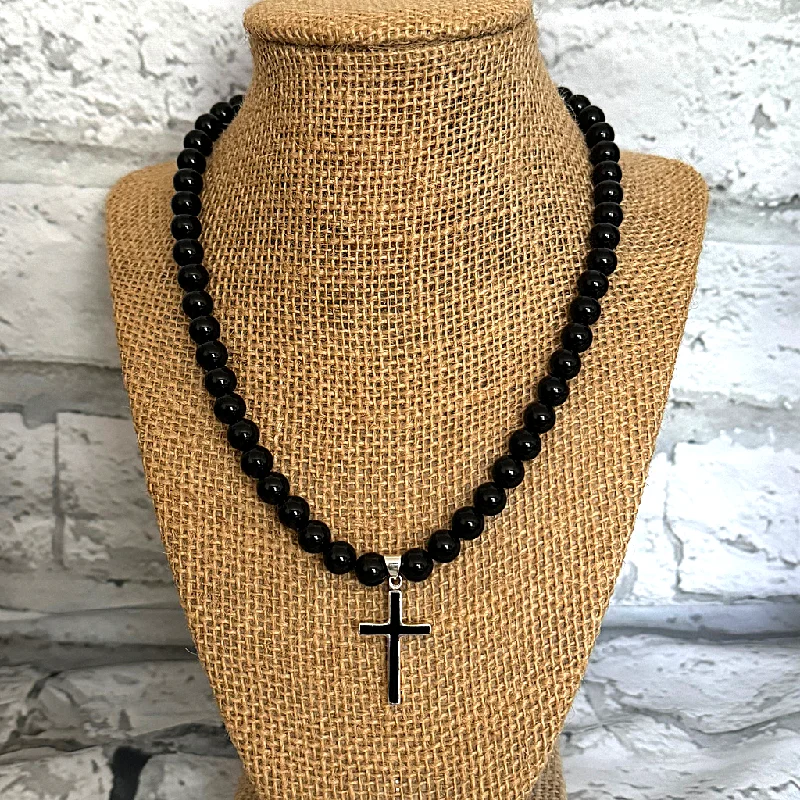 silver chain necklace for men -Mens Black Onyx Beaded Necklace With Sterling Silver and Black Onyx Cross