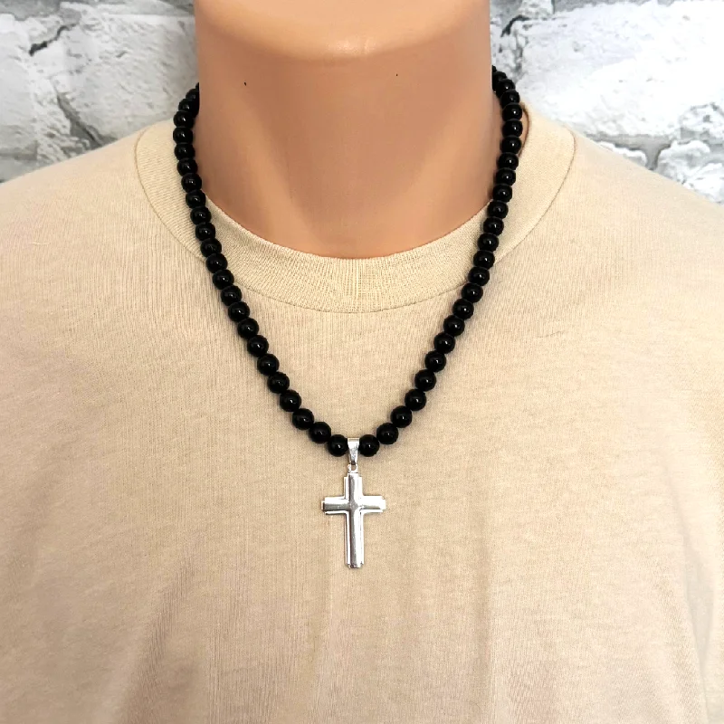 long pendant necklace for women -Mens Black Onyx Beaded Necklace with Sterling Silver Cross