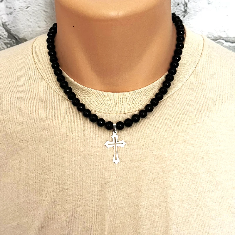 geometric necklace for women -Mens Black Onyx Beaded Necklace with Sterling Silver Cut Out Cross