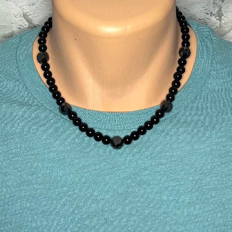 custom handwriting necklace for gifts -Mens Black Onyx Round and Faceted Beaded Necklace