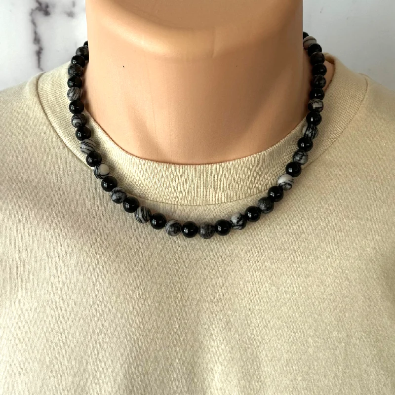 diamond tennis necklace for women -Mens Black Water Jasper and Black Onyx Beaded Necklace