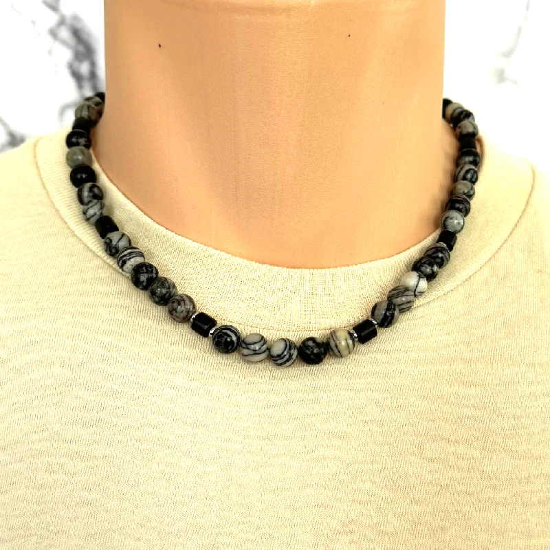 rose quartz necklace for women -Mens Black Water Jasper and Black Wood Beaded Necklace