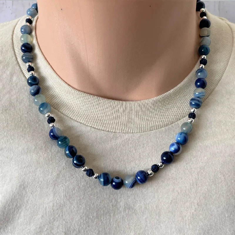 custom photo necklace for gifts -Mens Blue Agate and Blue Lava Beaded Necklace