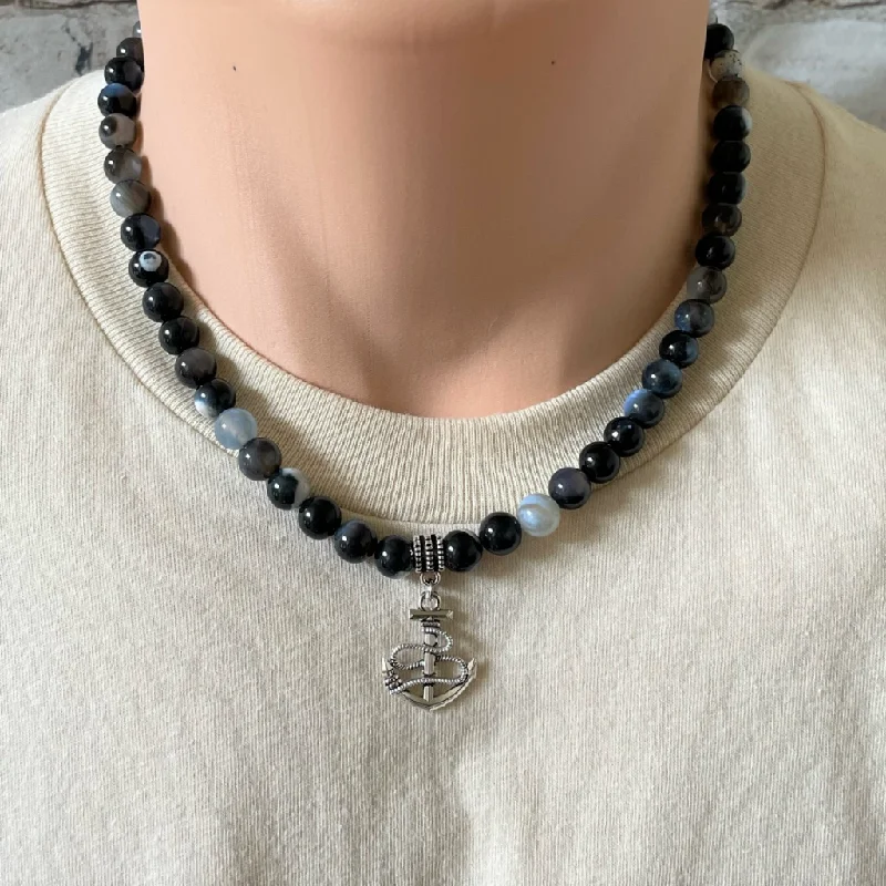 butterfly pendant necklace for girlsMens Blue Agate and Silver Anchor Beaded Necklace