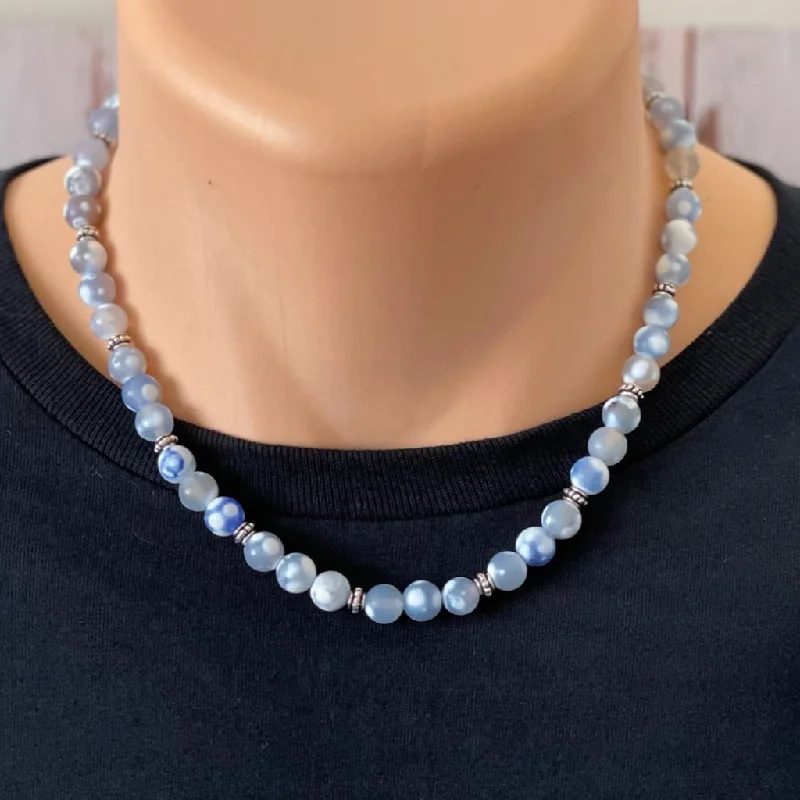 diamond necklace for women -Mens Blue and White Matte Agate and Silver Beaded Necklace