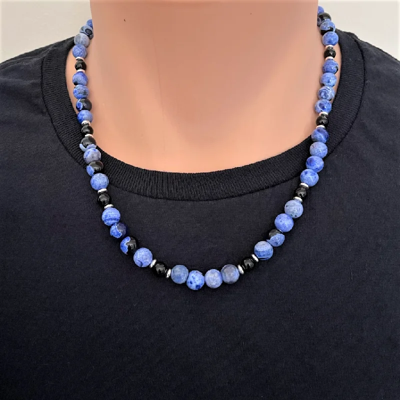 heart pendant necklace for women -Mens Blue Fire Agate and Black Onyx Beaded Necklace