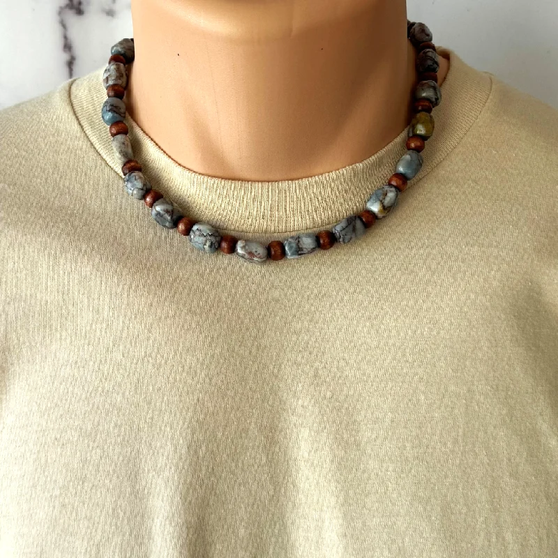 gold necklace for women -Mens Blue Marble Pebble Beaded Necklace