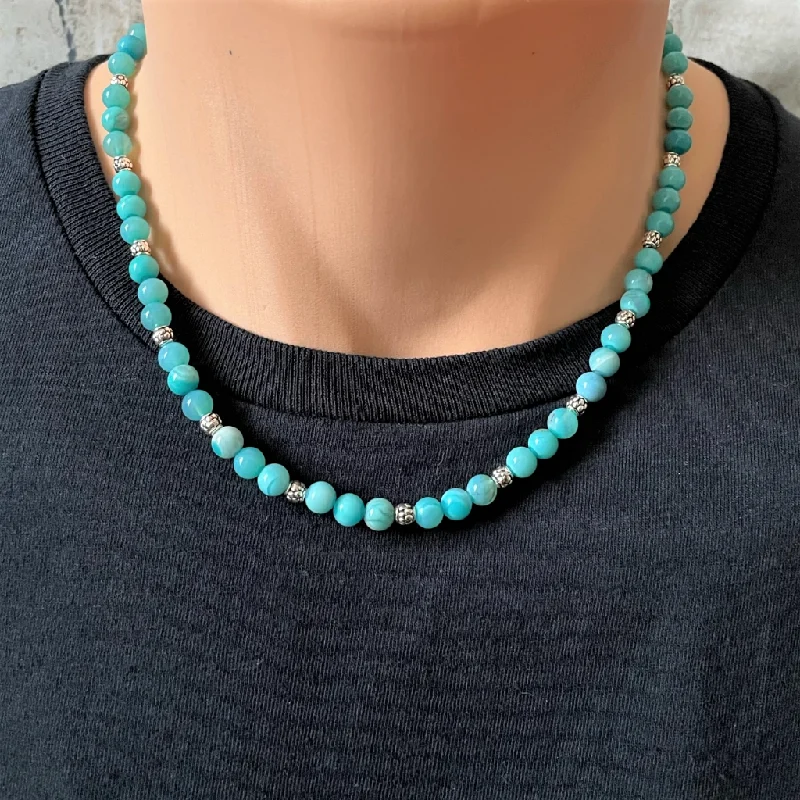 cubic zirconia necklace for women -Mens Blue Sea Agate and Silver Beaded Necklace