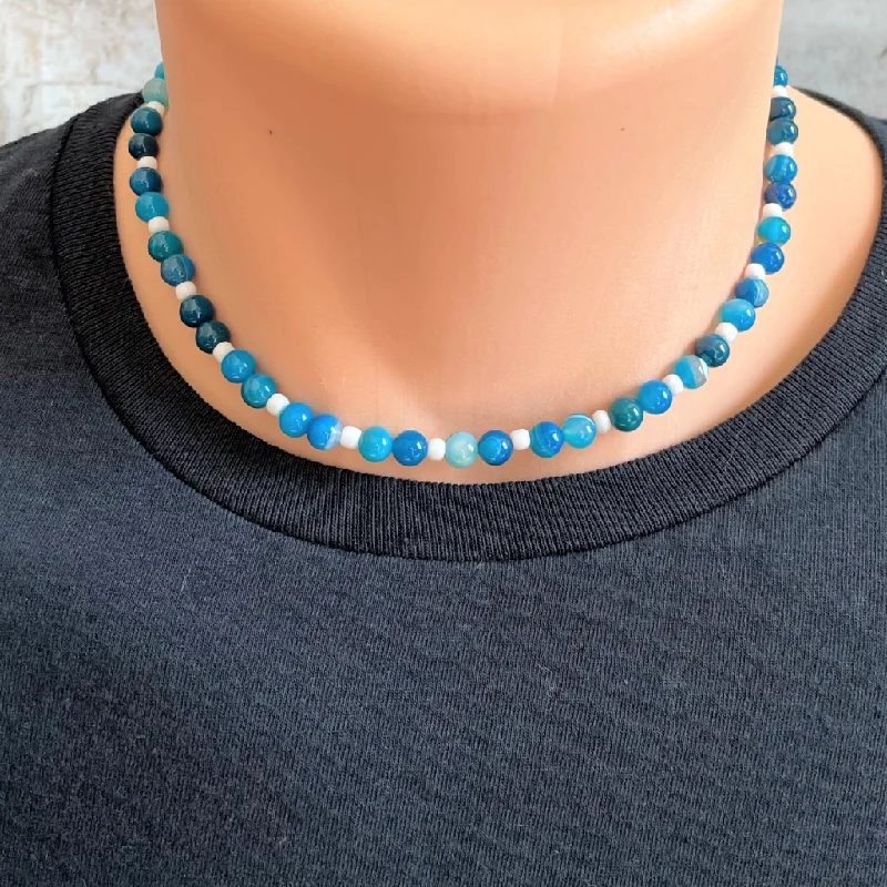 vintage necklace for women -Mens Blue Sky Agate and White Toho Beaded Necklace