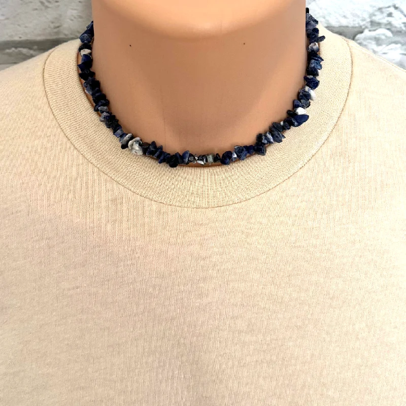 sterling silver necklace for men -Mens Blue Sodalite Beaded Chip Necklace