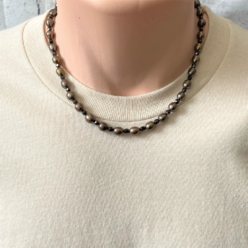 geometric necklace for women -Mens Bronze Rice Cultured Pearl Beaded Necklace