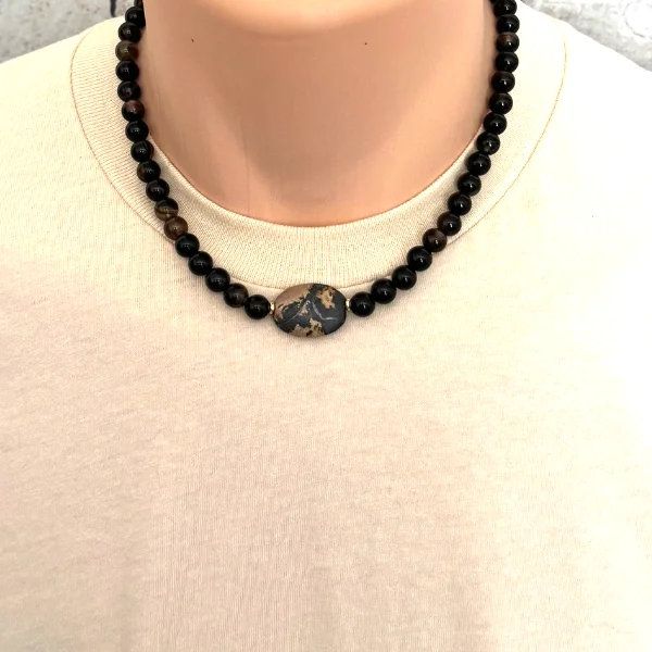 fashion necklace for women -Mens Brown Agate and Landscape Stone Beaded Necklace