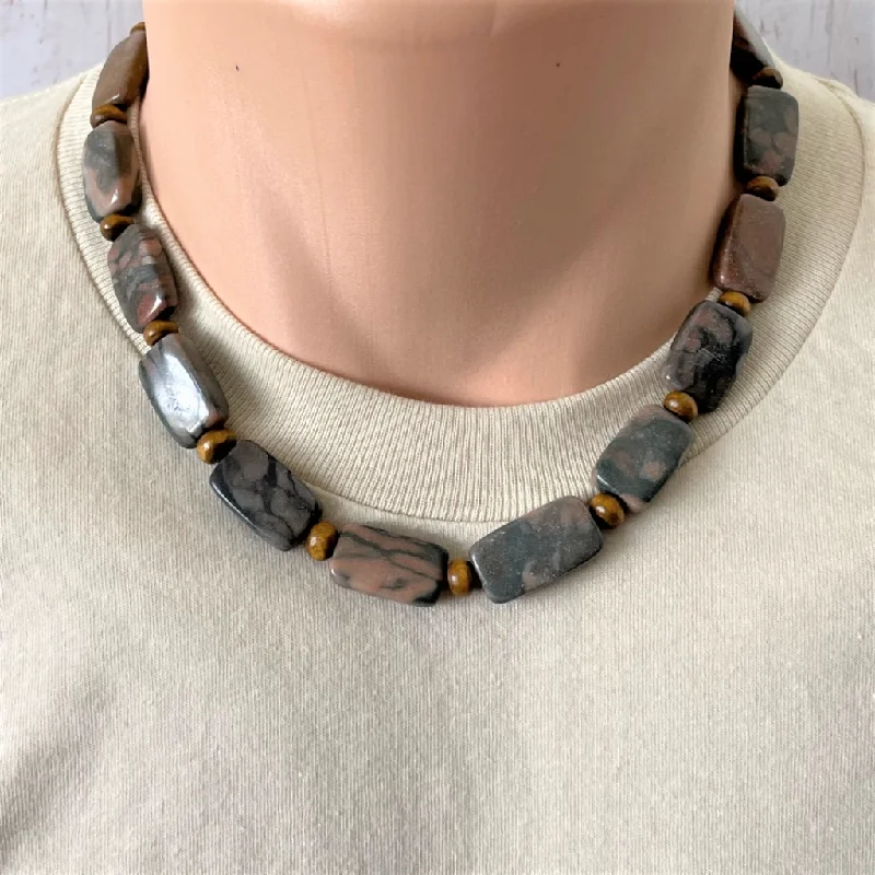 vintage necklace for women -Mens Brown and Black Rectangle Marble Beaded Necklace