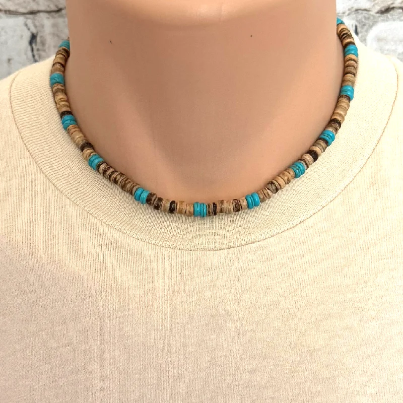 adjustable necklace for women -Mens Brown Coconut Shell and Magnesite Heishi Beaded Necklace