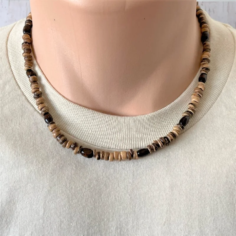 rose gold necklace for women -Mens Brown Coconut Shell Heishi and Wood Beaded Necklace