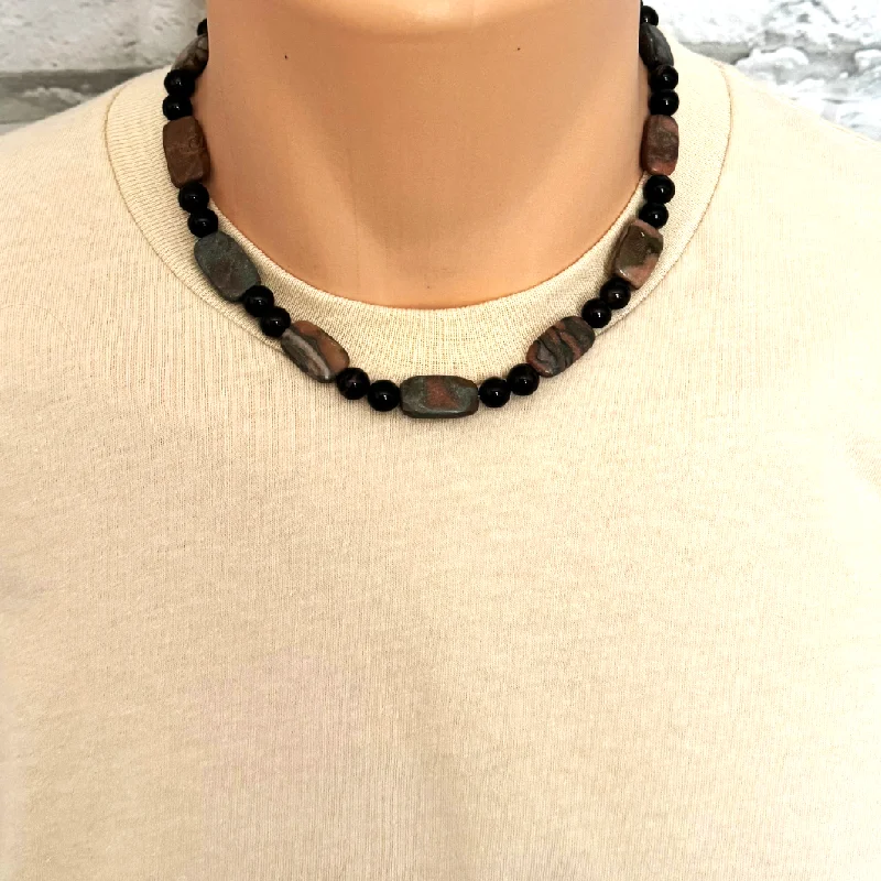 sunflower necklace for women -Mens Brown Marble and Black Onyx Beaded Necklace