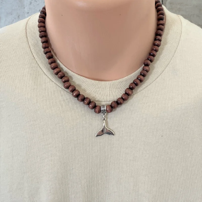 luxury pearl necklace for brides -Mens Brown Wood and Silver Whale Tail Beaded Necklace