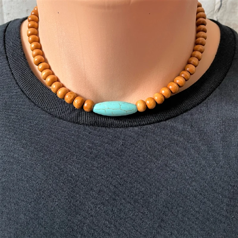 gold coin necklace for women -Mens Brown Wood and Turquoise Magnesite Beaded Necklace