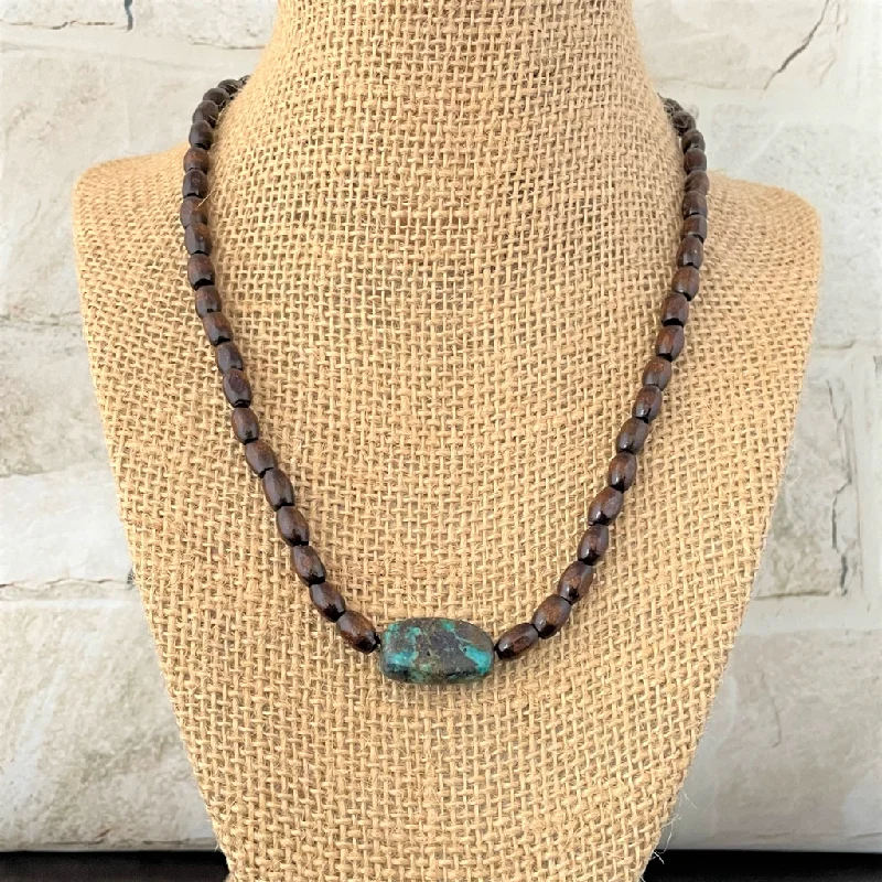 matching couple necklace set -Mens Brown Wood Barrel and Turquoise Stone Beaded Necklace