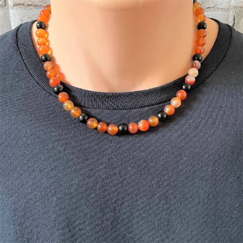 ocean wave necklace for beach lovers -Mens Carnelian and Black Onyx Beaded Necklace