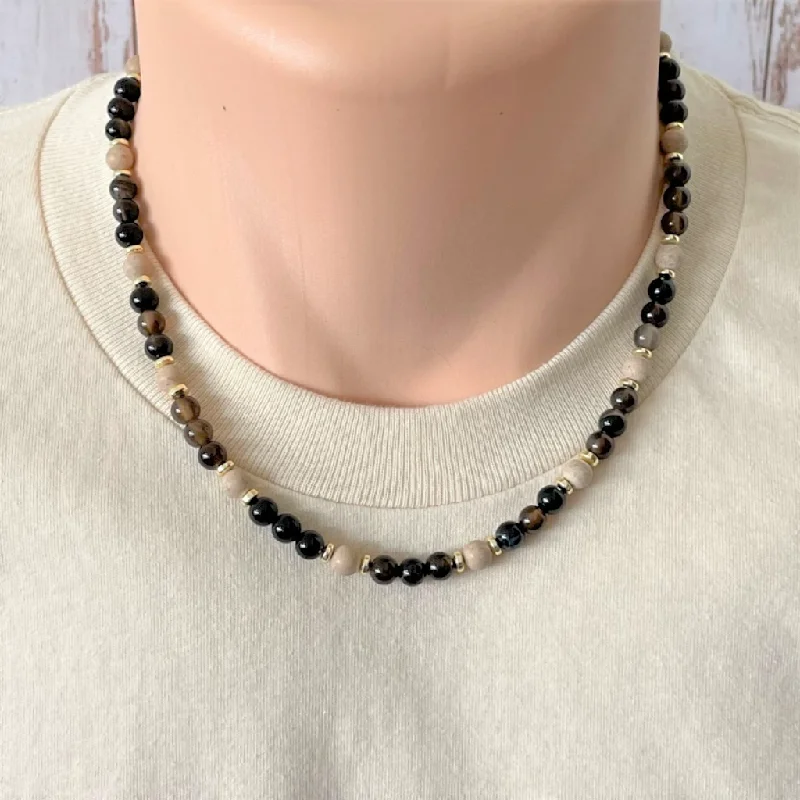 monogram necklace for women -Mens Dark Brown and Beige Agate Beaded Necklace