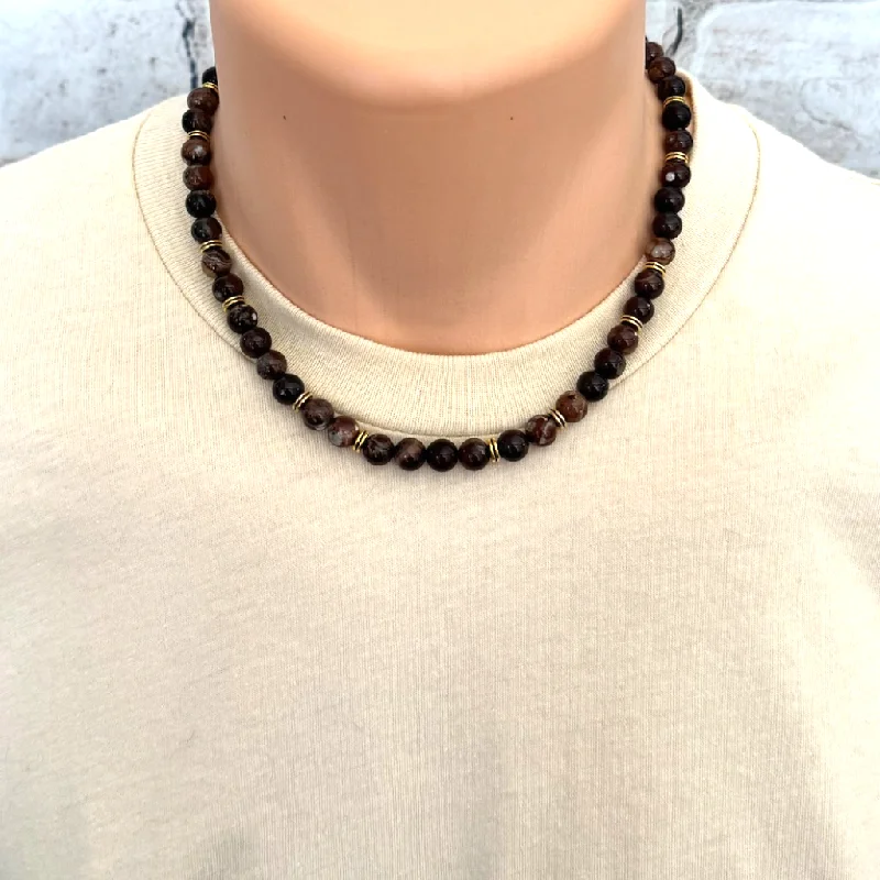 fashion necklace for women -Mens Espresso and Gold Beaded Necklace