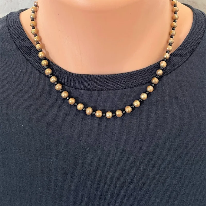 long pendant necklace for women -Mens Gold Potato Pearl and Black Onyx Beaded Necklace