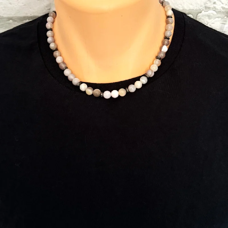 vintage necklace for women -Mens Gray Agate and Gunmetal Hematite Beaded Necklace