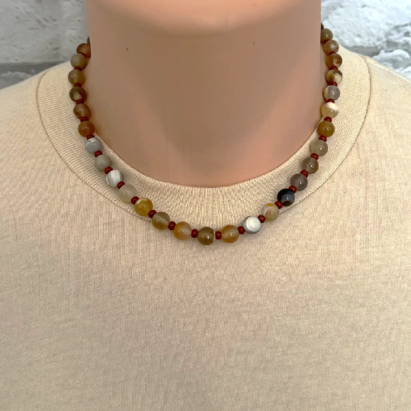 diamond necklace for women -Mens Gray and Orange Agate and Brick Toho Beaded Necklace