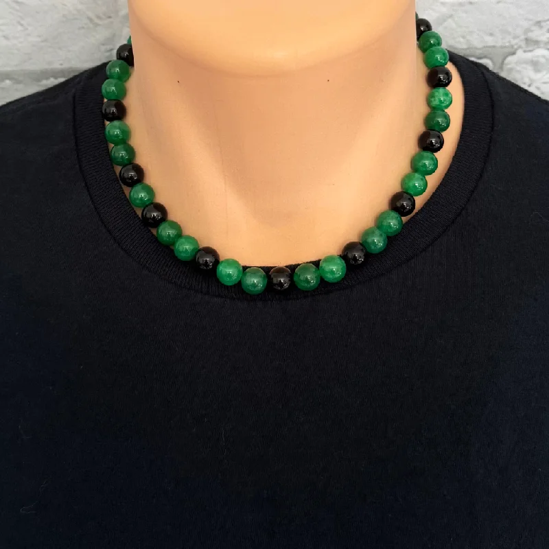 luxury diamond necklace for women -Mens Green Agate and Black Onyx 10mm Beaded Necklace