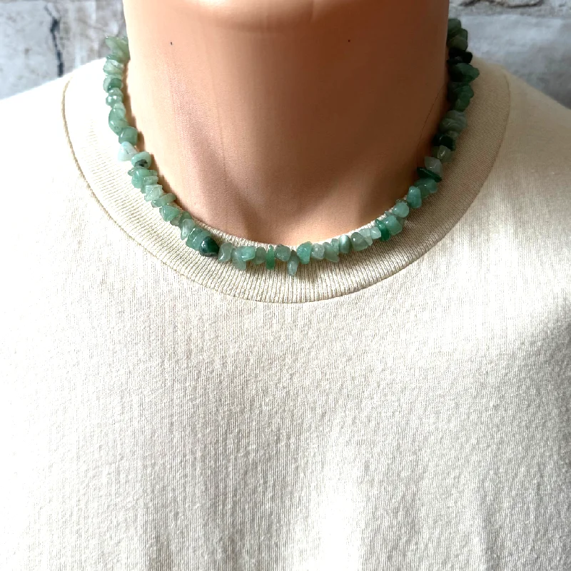 silver locket necklace for women -Mens Green Aventurine Chip Beaded Necklace