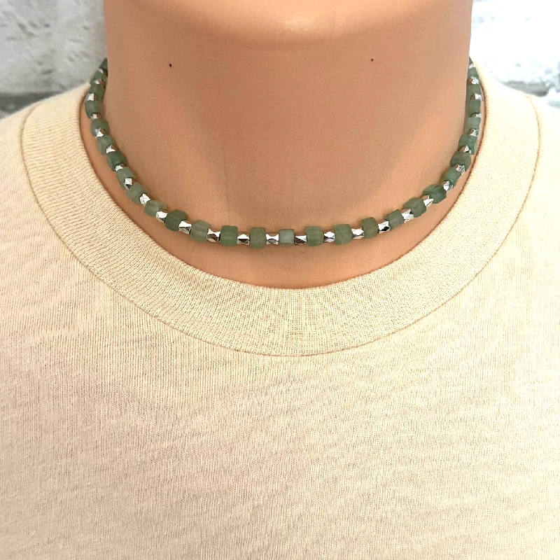 personalized name necklace for women -Mens Green Aventurine Cube and Silver Beaded Necklace