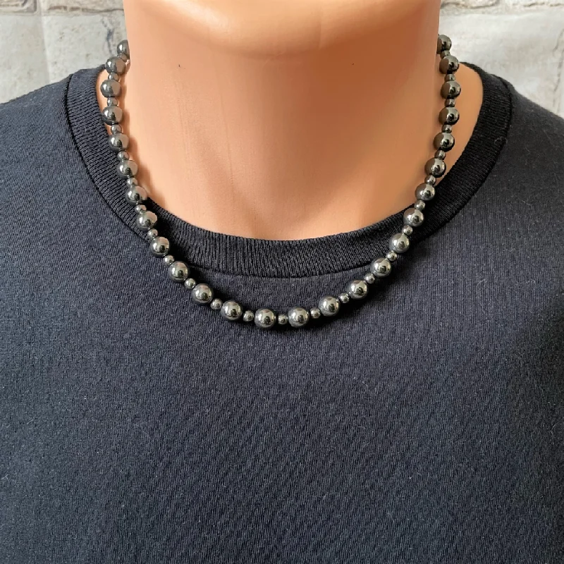 simple gold chain necklace -Mens Hematite 8mm and 4mm Beaded Necklace