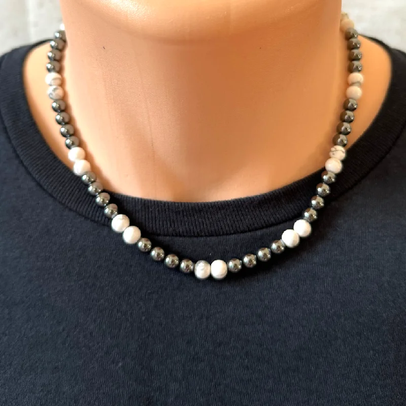 custom photo necklace for gifts -Mens Hematite and Howlite Beaded Necklace