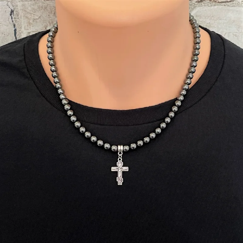 statement necklace for special occasions -Mens Hematite and Silver Cross 6mm Beaded Necklace