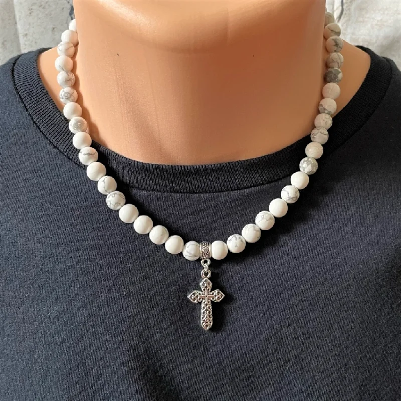 bold statement necklace for women -Mens Howlite Beaded Necklace with Silver Cross