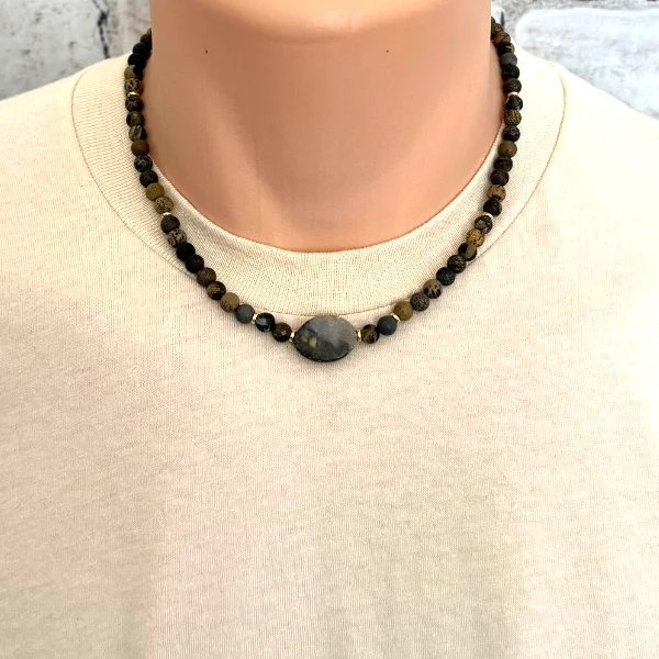 moon and star necklace for women -Mens Matte Artistic Stone and Tiger Marble Beaded Necklace